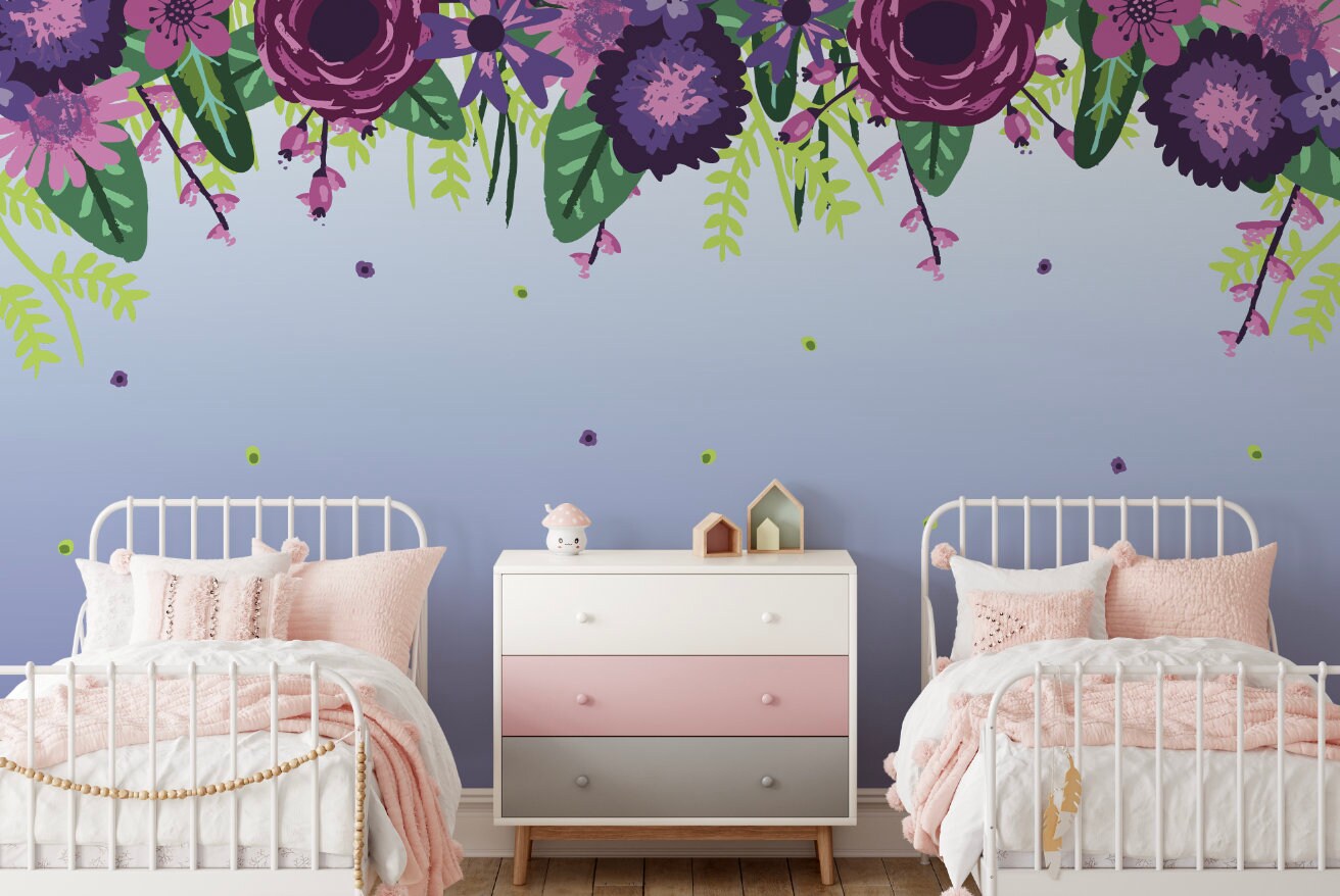 Purple Floral Wall Mural Peel and Stick / Whimsical Violet Floral Mural Wallpaper/ Removable/ Unpasted/ Pre-Pasted Wallpaper WW1743