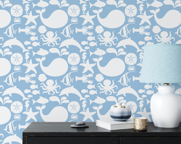 Peel and Stick Wallpaper Blue/ Blue Sea Life Wallpaper/ Removable Wallpaper/ Unpasted Wallpaper/ Pre-Pasted Wallpaper WW1854