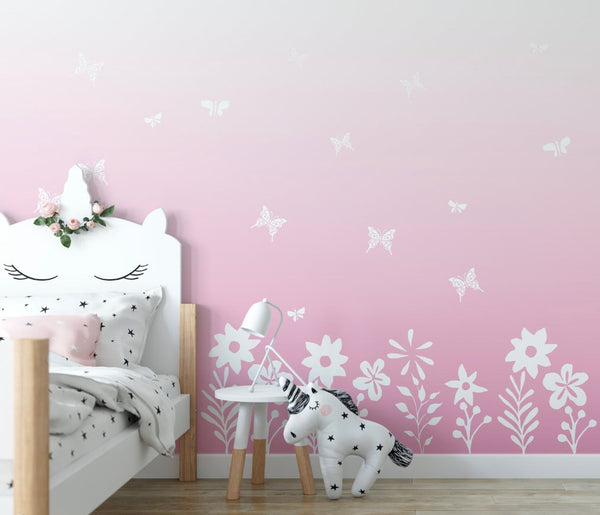 Wallpaper Ombre Pink Floral/ Peel and Stick Wallpaper/ Butterfly Kisses Pink Ombre Wallpaper/ Removable/ Unpasted/ Pre-Pasted WW1818