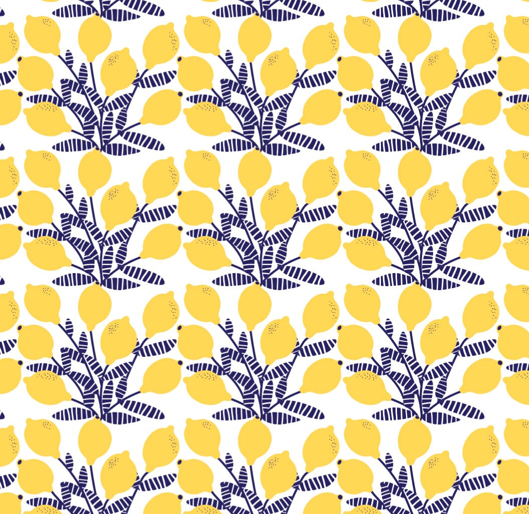 Navy and Yellow Lemon Bunches Wallpaper/ Removable/ Peel and Stick/ Unpasted/ Pre-Pasted Wallpaper WW20106