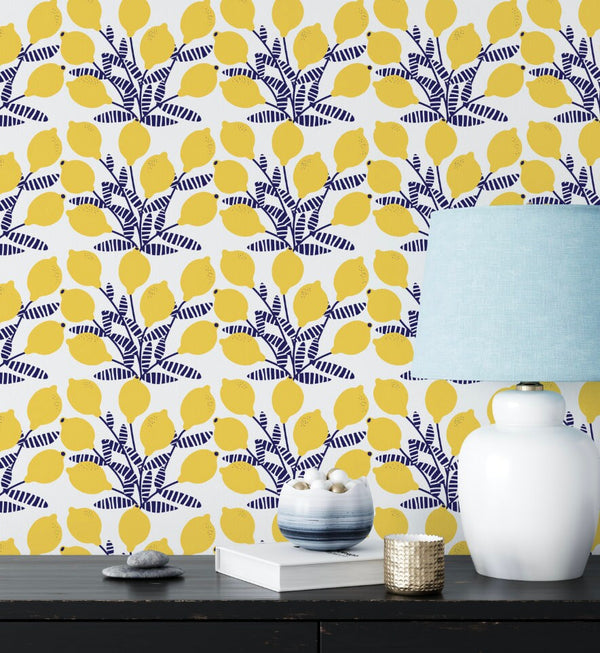 Navy and Yellow Lemon Bunches Wallpaper/ Removable/ Peel and Stick/ Unpasted/ Pre-Pasted Wallpaper WW20106