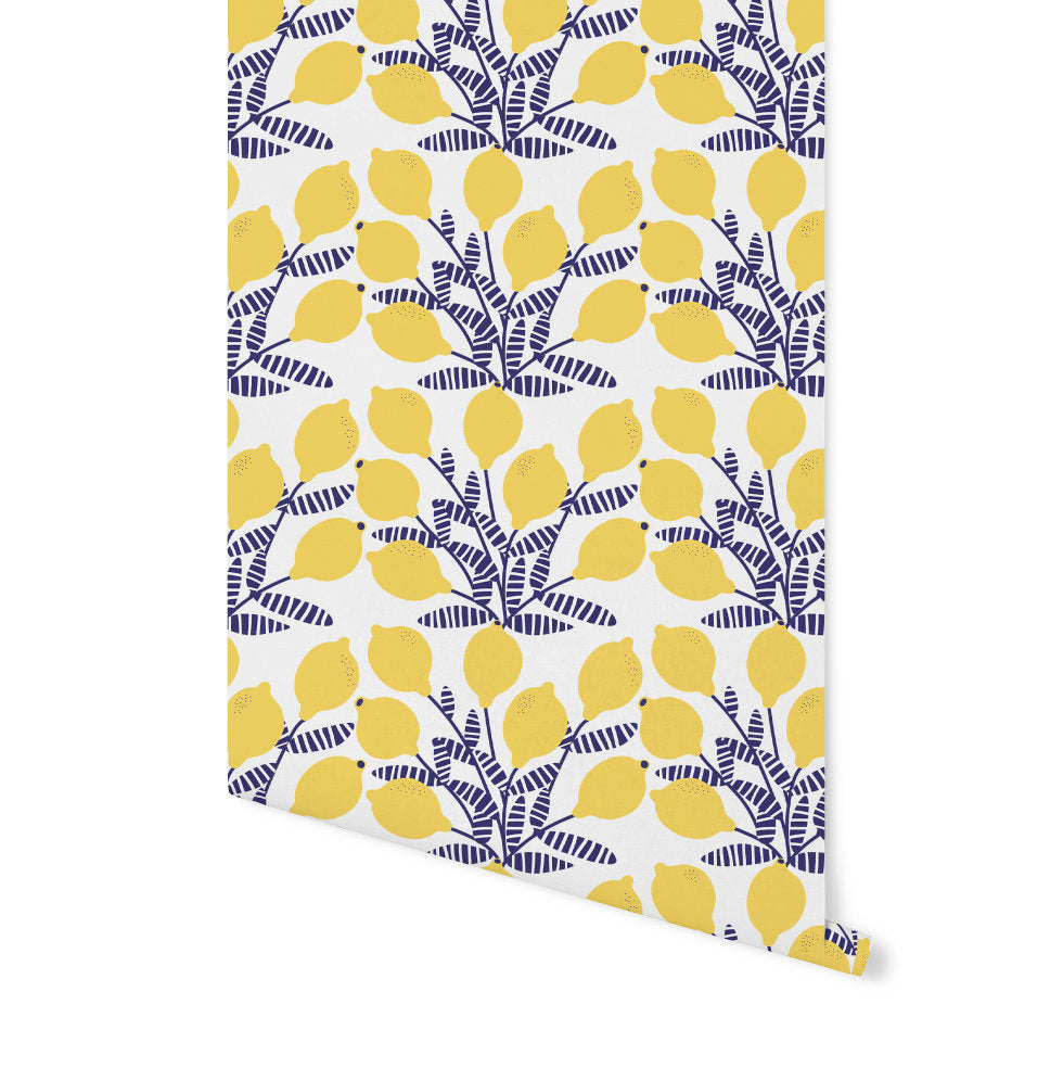 Navy and Yellow Lemon Bunches Wallpaper/ Removable/ Peel and Stick/ Unpasted/ Pre-Pasted Wallpaper WW20106