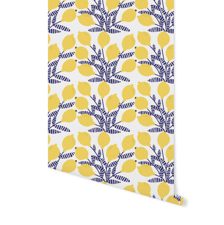 Navy and Yellow Lemon Bunches Wallpaper/ Removable/ Peel and Stick/ Unpasted/ Pre-Pasted Wallpaper WW20106