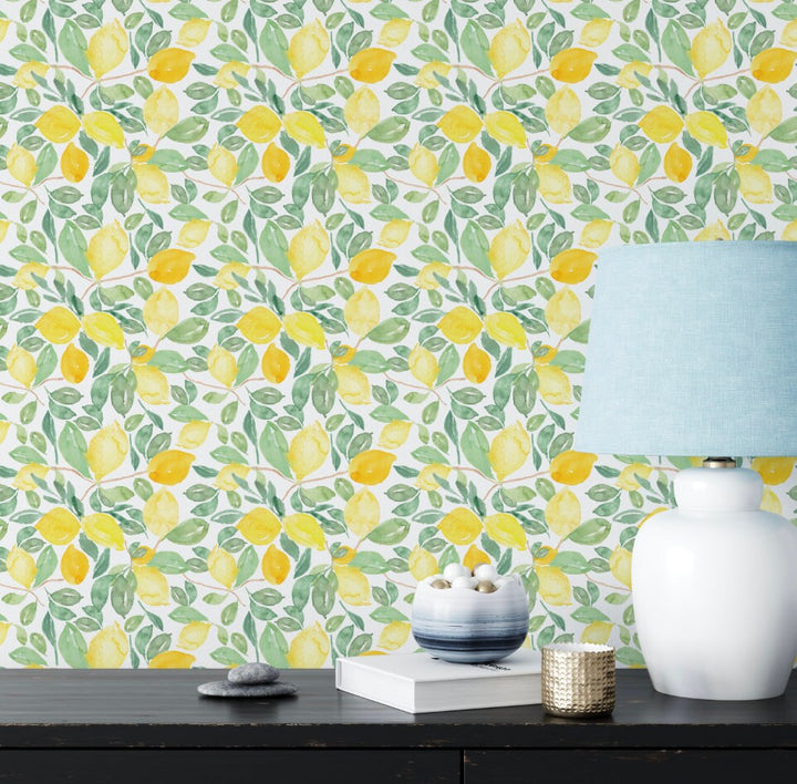 Watercolor Lemon Wallpaper // Removable Wallpaper// Peel and Stick Wallpaper// Unpasted Wallpaper // Pre-Pasted Wallpaper WW1919