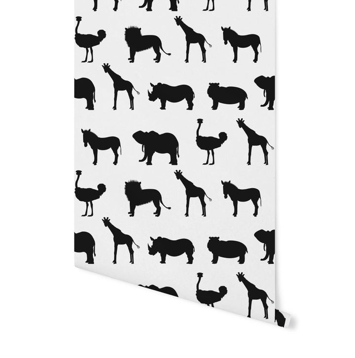 Black and White Safari Silhouette Animals Wallpaper/ Removable/ Peel and Stick/ Unpasted/ Pre-Pasted Wallpaper WW1855