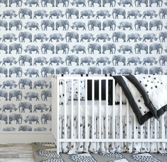 Gray Elephant and Rhino Watercolor Wallpaper/ Removable/ Peel and Stick/ Unpasted/ Pre-Pasted Wallpaper WW2273