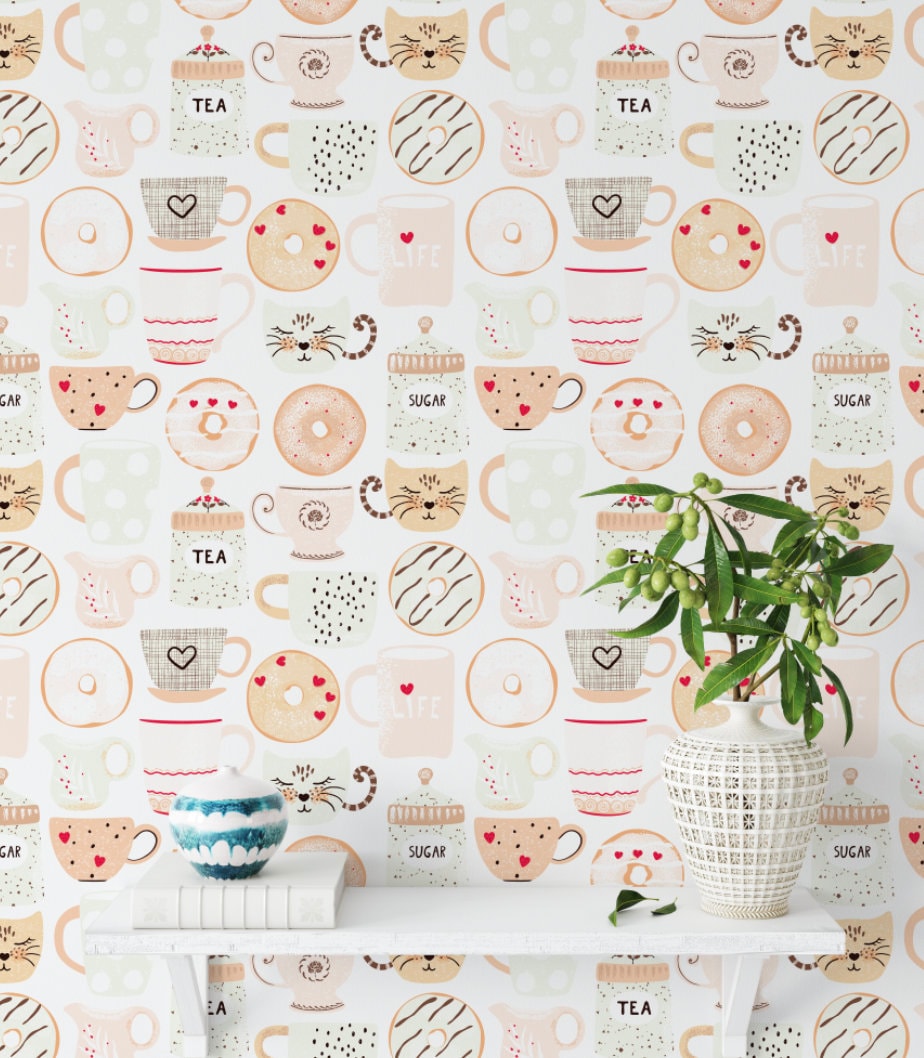 Whimsical Cup of Tea Wallpaper/ Removable Wallpaper/ Peel and Stick Wallpaper/ Unpasted Wallpaper/ Pre-Pasted Wallpaper WW2141