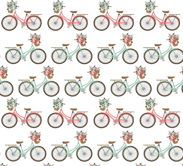 Vintage Coral and Mint Bicycles Wallpaper/ Removable Wallpaper/ Peel and Stick Wallpaper/ Unpasted Wallpaper/ Pre-Pasted Wallpaper WW1857