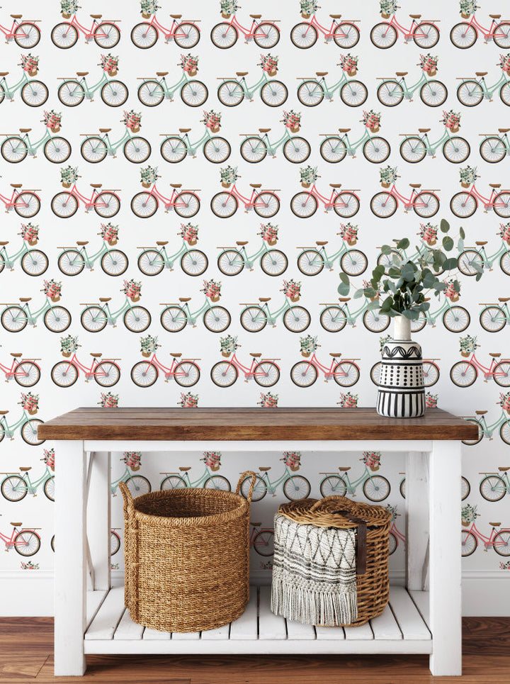 Vintage Coral and Mint Bicycles Wallpaper/ Removable Wallpaper/ Peel and Stick Wallpaper/ Unpasted Wallpaper/ Pre-Pasted Wallpaper WW1857