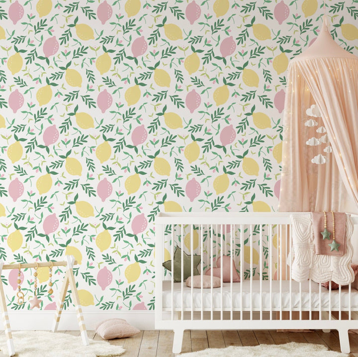 Pink and Yellow Lemons Wallpaper/ Removable Wallpaper/ Peel and Stick Wallpaper/ Unpasted Wallpaper/ Pre-Pasted Wallpaper WW2065