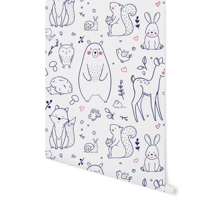 Kids Animal Forest Woodland Wallpaper/ Navy & Pink Woodland Creatures Wallpaper/ Removable/ Peel and Stick/ Unpasted Wallpaper WW20111