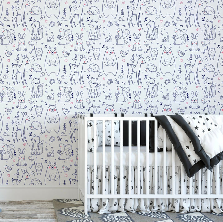 Kids Animal Forest Woodland Wallpaper/ Navy & Pink Woodland Creatures Wallpaper/ Removable/ Peel and Stick/ Unpasted Wallpaper WW20111