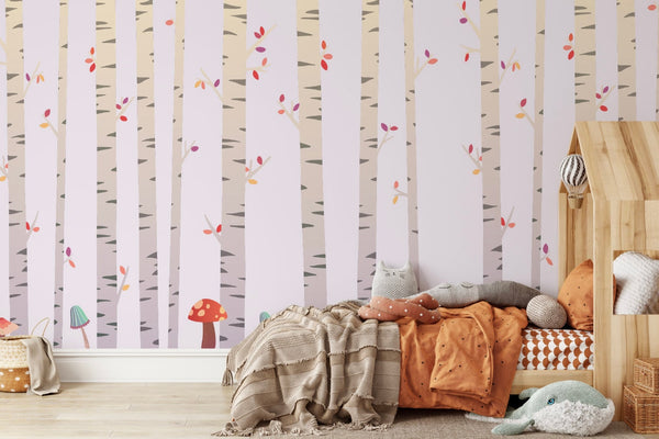 Kids Woodland Wallpaper Pink/ Fanciful Forest with Birch Trees & Mushrooms Wallpaper/ Removable/ Peel and Stick/ Unpasted/ Pre-Pasted WW1806