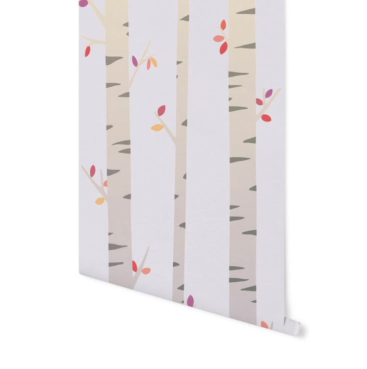 Kids Woodland Wallpaper Pink/ Fanciful Forest with Birch Trees & Mushrooms Wallpaper/ Removable/ Peel and Stick/ Unpasted/ Pre-Pasted WW1806