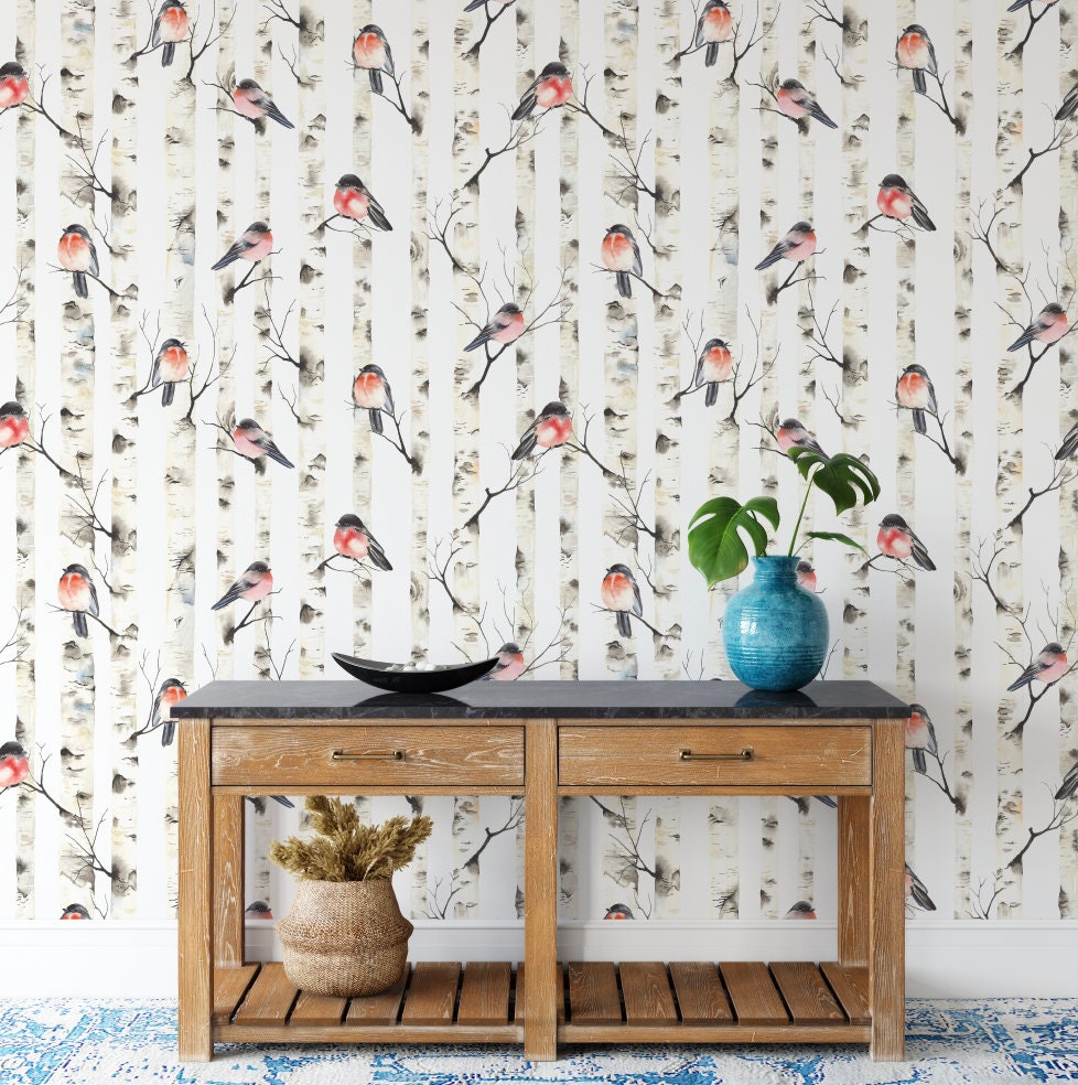 Wallpaper Gray Red/ Watercolor Birch Trees & Birds Wallpaper/ Removable/ Peel and Stick/ Unpasted/ Pre-Pasted Wallpaper WW2152