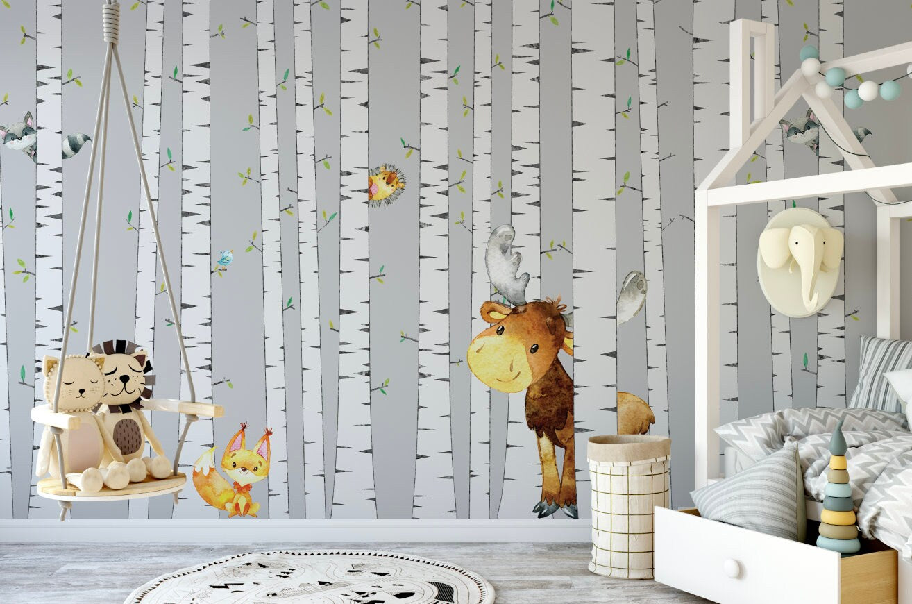 Kids Wallpaper Forest/ Birch Tree with Woodland Animals Wallpaper Mural/ Removable/ Peel and Stick/ Unpasted/ Pre-Pasted Wallpaper WW1862