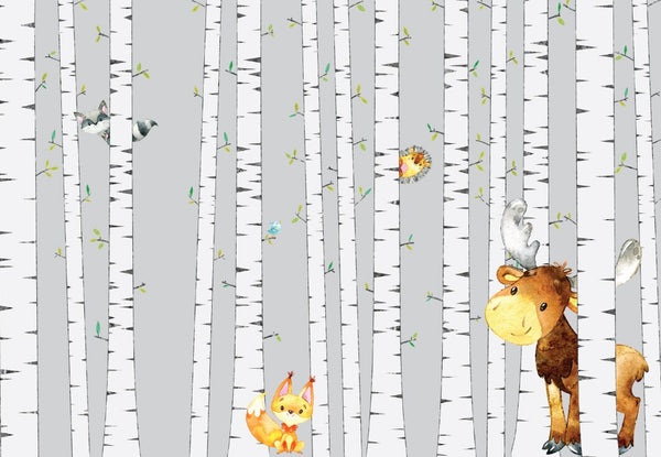 Kids Wallpaper Forest/ Birch Tree with Woodland Animals Wallpaper Mural/ Removable/ Peel and Stick/ Unpasted/ Pre-Pasted Wallpaper WW1862