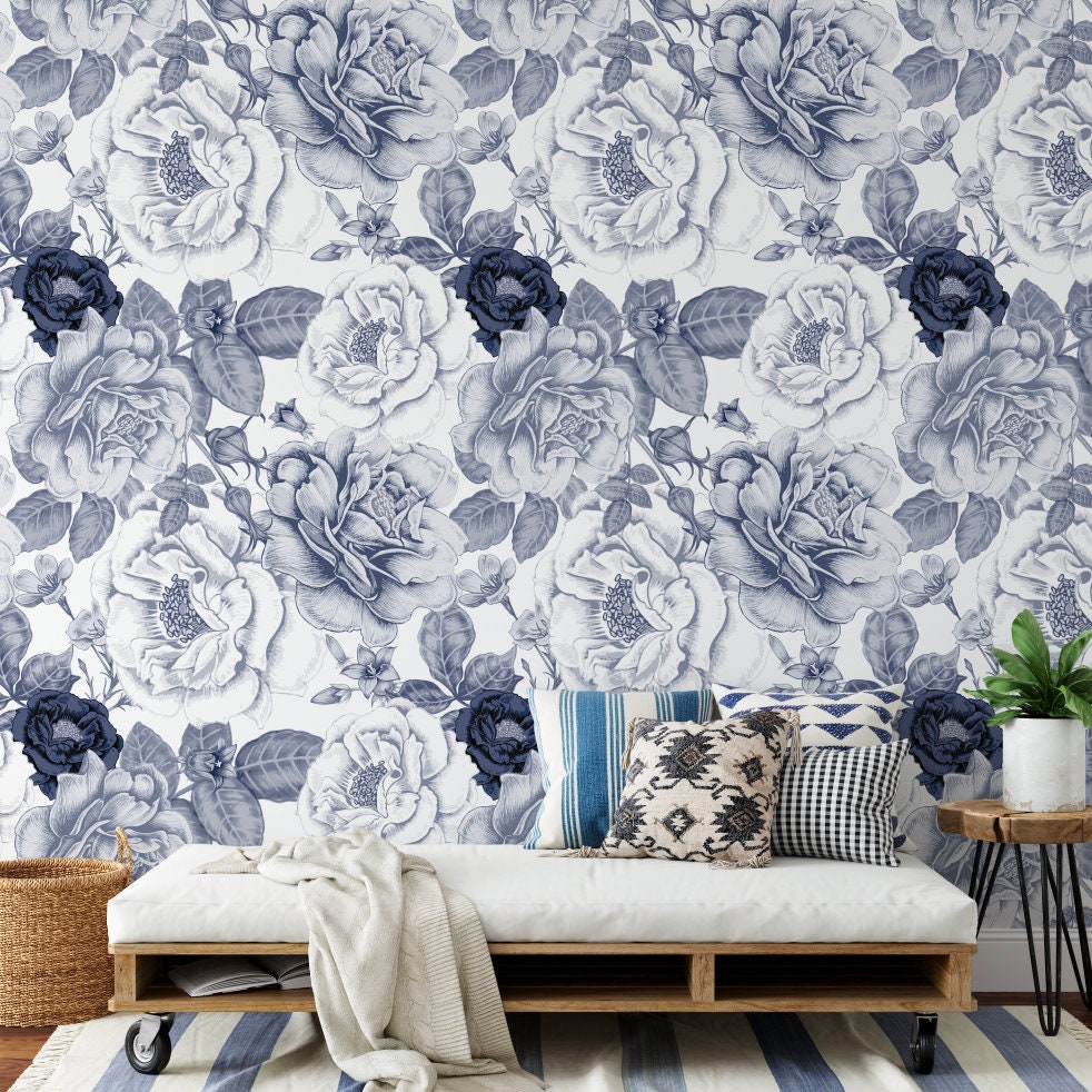 Navy Peel and Stick Wallpaper Blue and White Floral/ Vintage Navy Roses Wallpaper/ Removable Wallpaper/ Unpasted/ Pre-Pasted WW1920