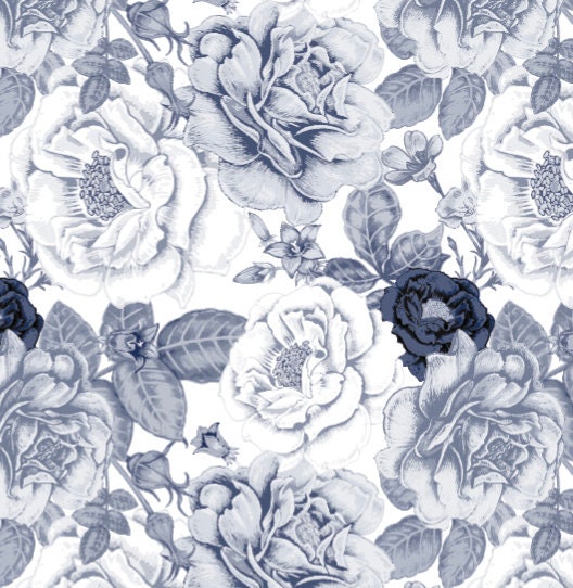 Navy Peel and Stick Wallpaper Blue and White Floral/ Vintage Navy Roses Wallpaper/ Removable Wallpaper/ Unpasted/ Pre-Pasted WW1920