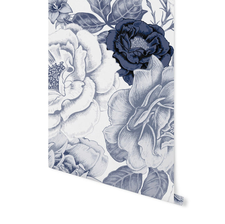 Navy Peel and Stick Wallpaper Blue and White Floral/ Vintage Navy Roses Wallpaper/ Removable Wallpaper/ Unpasted/ Pre-Pasted WW1920