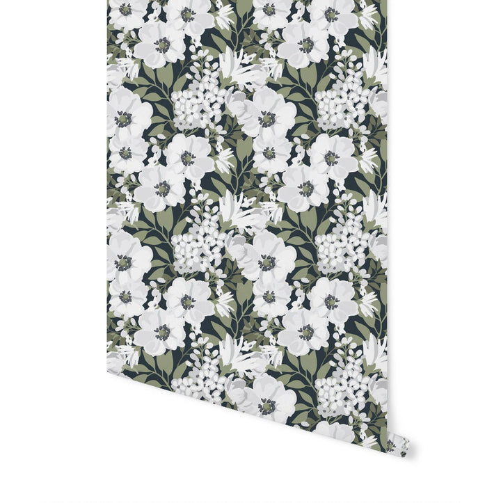 Peel and Stick Wallpaper Floral/ Black and White Floral Wallpaper/ Removable Wallpaper/ Unpasted Wallpaper/ Pre-Pasted Wallpaper WW1917