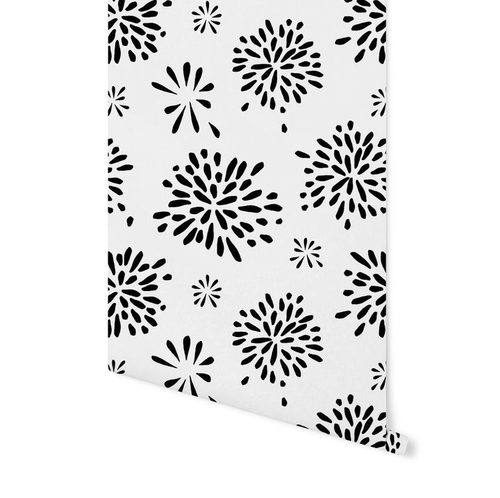 Peel and Stick Wallpaper Black/ Black and White Flower Burst Wallpaper/ Removable Wallpape/ Unpasted Wallpaper/ Pre-Pasted Wallpaper WW1867