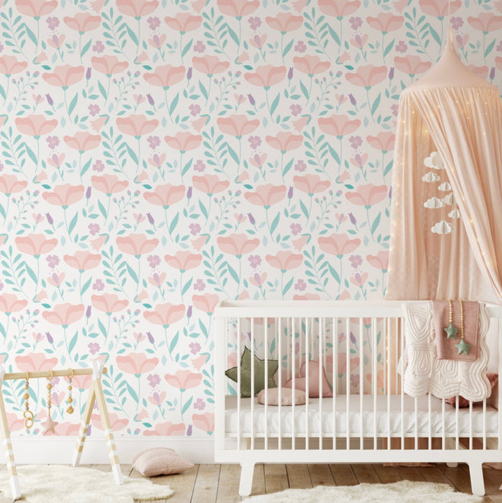 Peel and Stick Wallpaper Floral/ Blush and Mint Wildflower Wallpaper/ Removable Wallpaper/ Unpasted Wallpaper/ Pre-Pasted Wallpaper WW2064