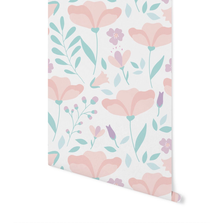 Peel and Stick Wallpaper Floral/ Blush and Mint Wildflower Wallpaper/ Removable Wallpaper/ Unpasted Wallpaper/ Pre-Pasted Wallpaper WW2064