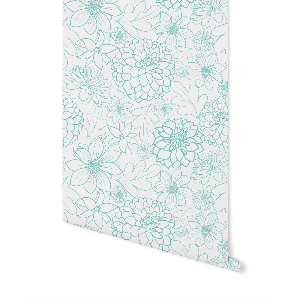 Peel and Stick Wallpaper Floral/ Teal Dahlia Wallpaper/ Removable Wallpaper/ Unpasted Wallpaper/ Pre-Pasted Wallpaper WW2161