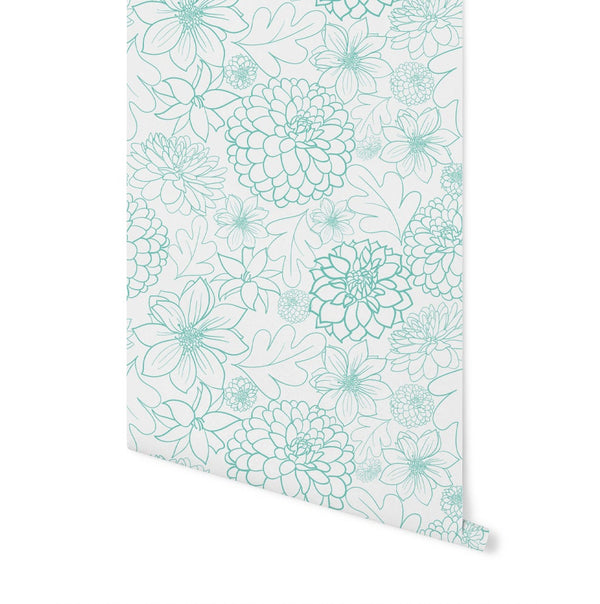 Peel and Stick Wallpaper Floral/ Teal Dahlia Wallpaper/ Removable Wallpaper/ Unpasted Wallpaper/ Pre-Pasted Wallpaper WW2161