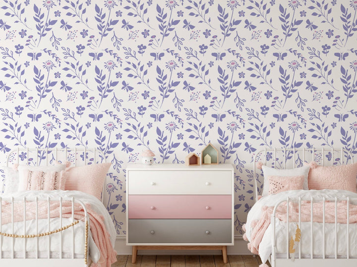 Peel and Stick Wallpaper Floral/ Spring Meadow with Butterflies Wallpaper/ Removable/ Unpasted/ Pre-Pasted Wallpaper WW1841