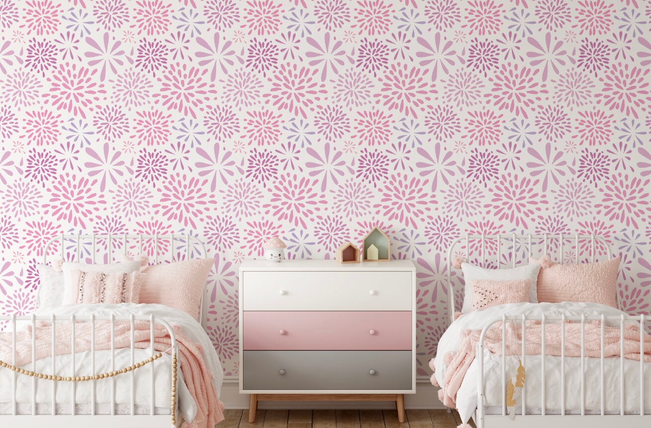 Peel and Stick Wallpaper Floral/ Flower-works Pink Wallpaper/ Removable Wallpaper/ Unpasted Wallpaper/ Pre-Pasted Wallpaper WW1730