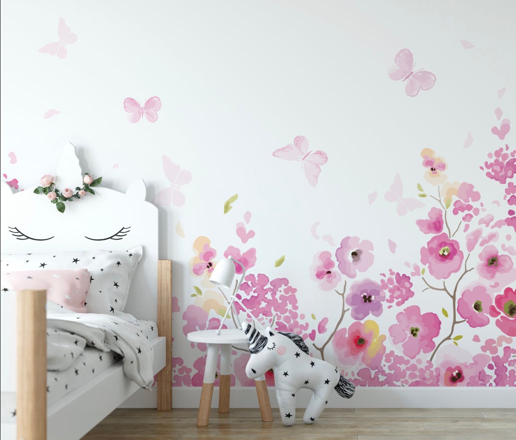 Pink Butterfly Floral Wall Mural/ Removable Wallpaper/ Peel and Stick Wallpaper/ Unpasted Wallpaper/ Pre-Pasted Wallpaper WW2017