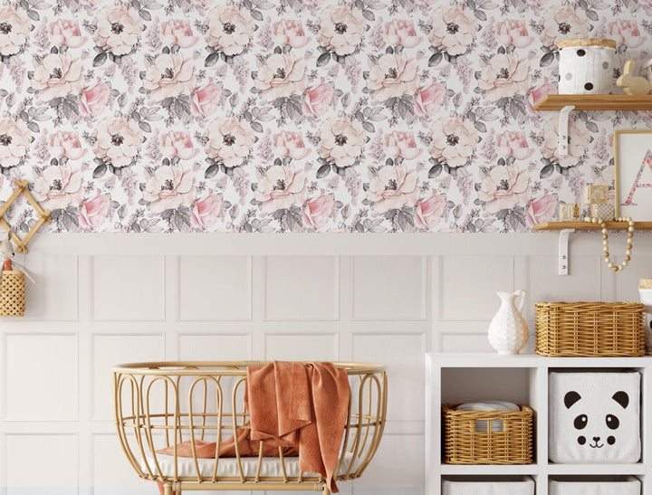 Peel and Stick Wallpaper Floral/ Vintage Pink Roses Removable Wallpaper/ Unpasted Wallpaper/ Pre-Pasted Wallpaper WW1933B