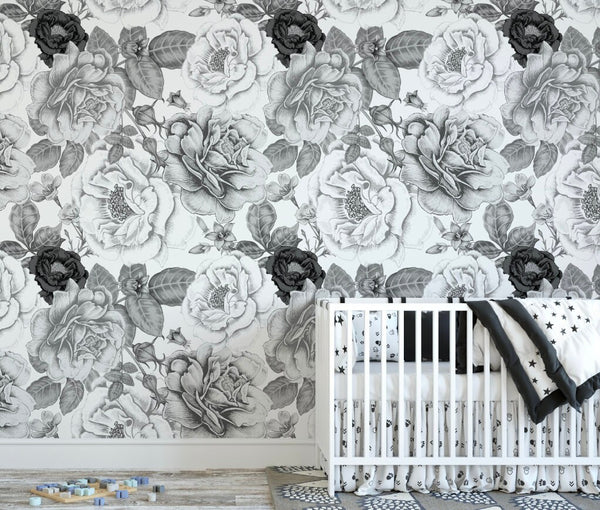 Peel and Stick Wallpaper Floral/ Vintage Black and White Roses Wallpaper/ Removable Wallpaper/ Unpasted Wallpaper/ Wallpaper WW1908