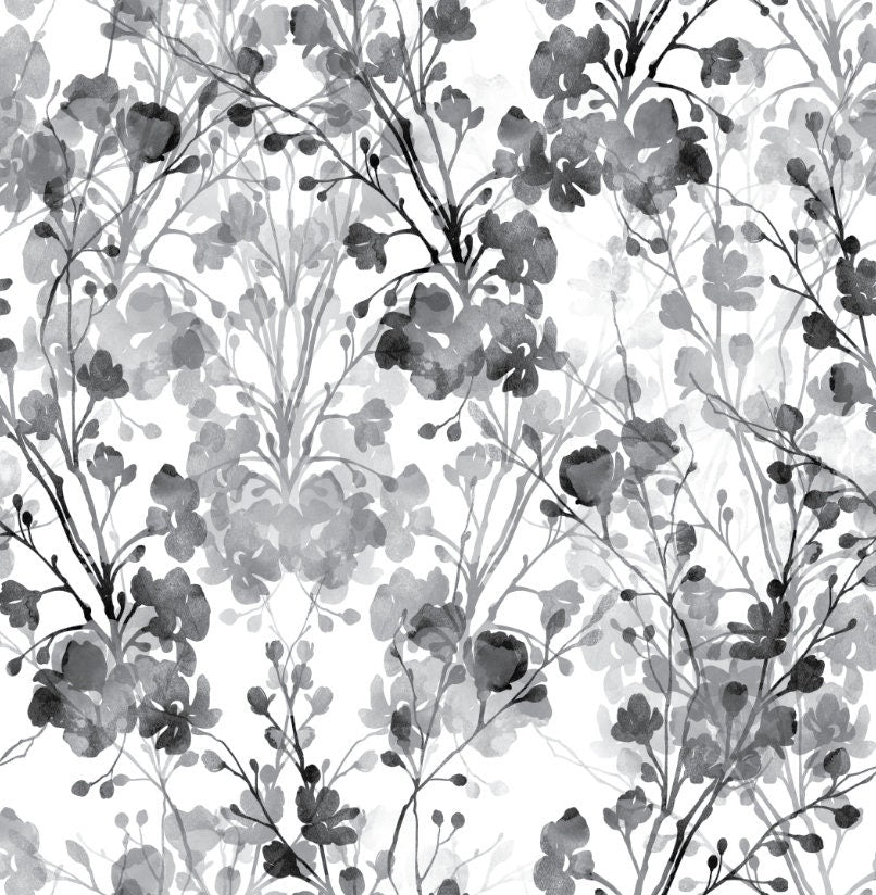 Peel and Stick Wallpaper Floral/ Black and Gray Watercolor Floral Wallpaper/ Removable Wallpaper/ Unpasted Wallpaper/ Wallpaper WW2111