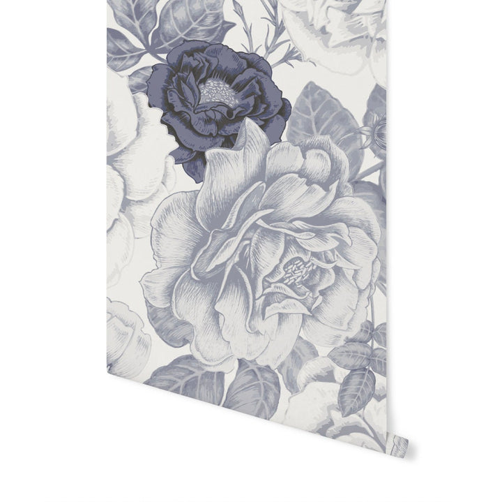 Creamy Vintage Navy Roses Wallpaper/ Removable Wallpaper/ Unpasted/ Pre-Pasted WW2334