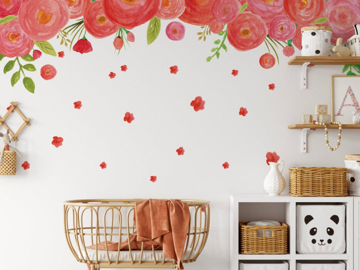 Pink Floral Wall Mural/ Cascading Pink Floral Wall Mural Wallpaper/ Removable/ Peel and Stick/ Unpasted/ Pre-Pasted Wallpaper WW1746