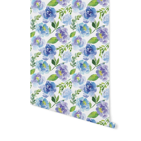 Peel and Stick Wallpaper Blue Floral/ Blue and Purple Floral Wallpaper/ Removable Wallpaper/ Unpasted Wallpaper/ Pre-Pasted Wallpaper WW1747