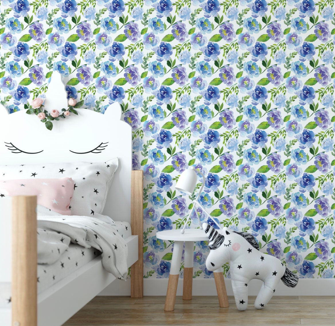 Peel and Stick Wallpaper Blue Floral/ Blue and Purple Floral Wallpaper/ Removable Wallpaper/ Unpasted Wallpaper/ Pre-Pasted Wallpaper WW1747