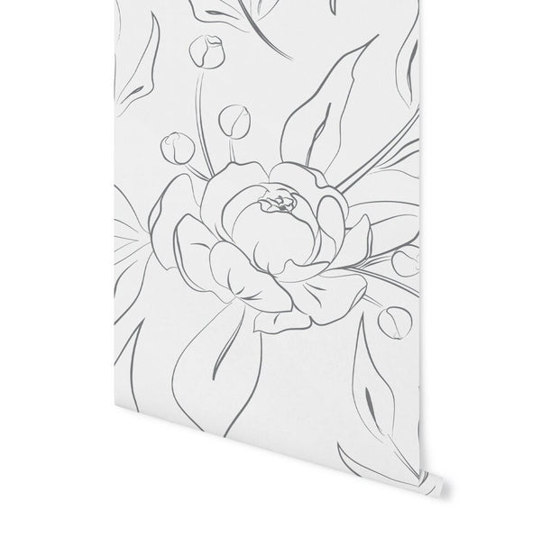 Peel and Stick Wallpaper Floral/ Gray Peony Sketch Wallpaper/ Removable Wallpaper/ Unpasted Wallpaper/ Pre-Pasted Wallpaper WW2148