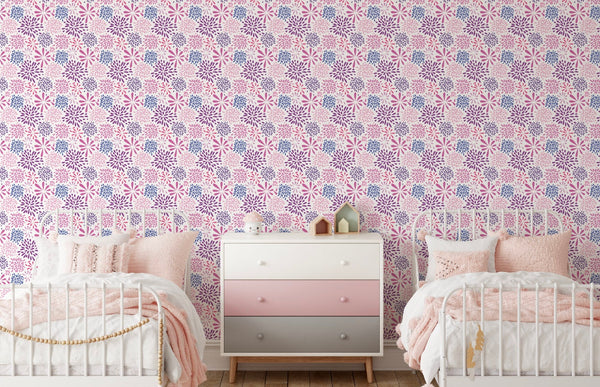 Peel and Stick Wallpaper Pink/ Flower-works Pink & Purple Wallpaper/ Removable Wallpaper/ Unpasted Wallpaper/ Pre-Pasted Wallpaper WW1730