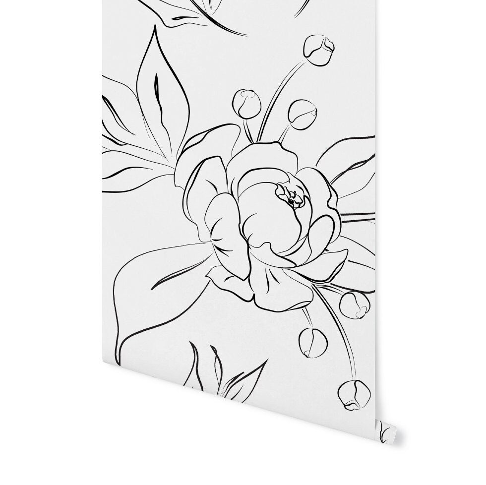 Peel and Stick Wallpaper Floral/ Black Peony Sketch Wallpaper/ Removable Wallpaper/Unpasted Wallpaper/ Pre-Pasted Wallpaper WW2081