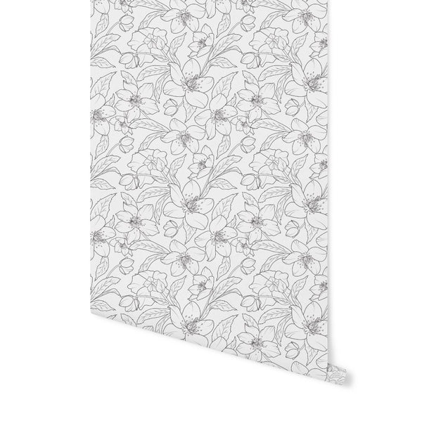 Wallpaper Floral Black White/ Winter Rose Black and White Wallpaper/Flower/ Botanical/ Removable/ Unpasted Pre-Pasted Wallpaper WW2016