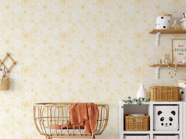 Peel and Stick Wallpaper Yellow/ Mid Century Modern Yellow Dahlia Wallpaper/ Removable Wallpaper/ Unpasted Wallpaper/ Wallpaper WW1923