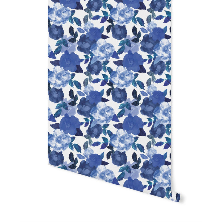 Navy and White Peel and Stick Wallpaper Floral Blue/ Blue Watercolor Floral Wallpaper/ Removable/ Unpasted/ Pre-Pasted Wallpaper WW2031