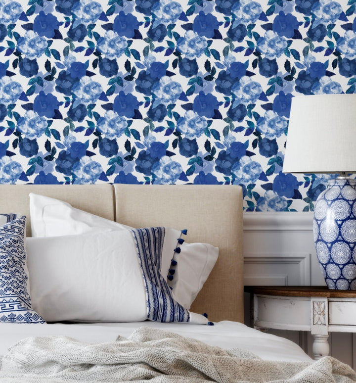 Navy and White Peel and Stick Wallpaper Floral Blue/ Blue Watercolor Floral Wallpaper/ Removable/ Unpasted/ Pre-Pasted Wallpaper WW2031