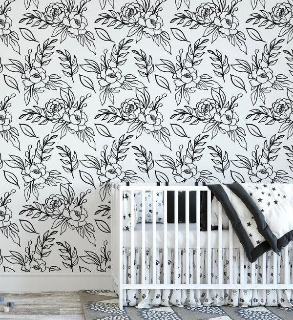 Peel and Stick Wallpaper Floral/ Hand Drawn Black Peony Wallpaper/ Removable Wallpaper/ Unpasted Wallpaper/ Pre-Pasted Wallpaper WW2025