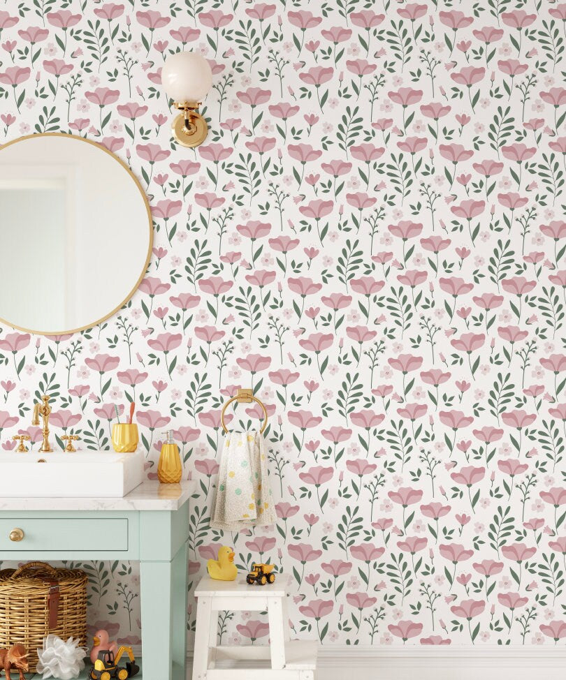 Peel and Stick Wallpaper Floral/ Dusty Rose Wildflower Floral Wallpaper/ Removable/ Unpasted/ Pre-Pasted Wallpaper WW1963