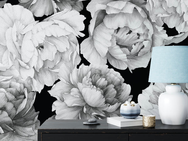 Peel and Stick Wallpaper Floral/ Black Peony Wallpaper/ Removable Wallpaper/ Unpasted Wallpaper/ Pre-Pasted Wallpaper WW2210